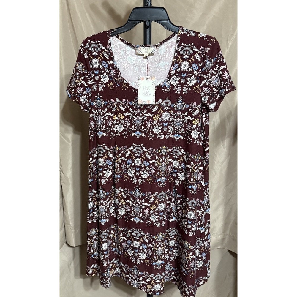 PINK ROSE Size XL Women's Burgundy Short Sleeve A-Line Dress Floral NWT